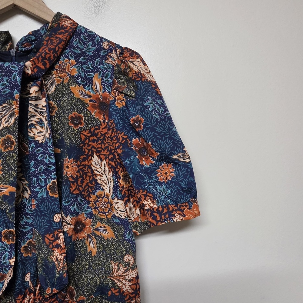 Julia Jordan Women's Navy‎ Fall Floral Puff Sleeve Midi Dress Tie Neck Sz 14 - Picture 4 of 14